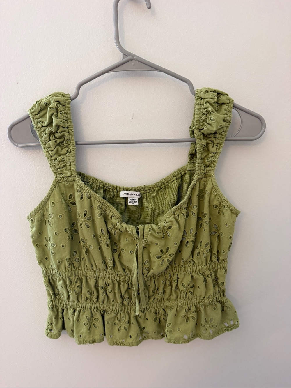 American Eagle Outfitters Olive Eyelet Smocked Crop Tank